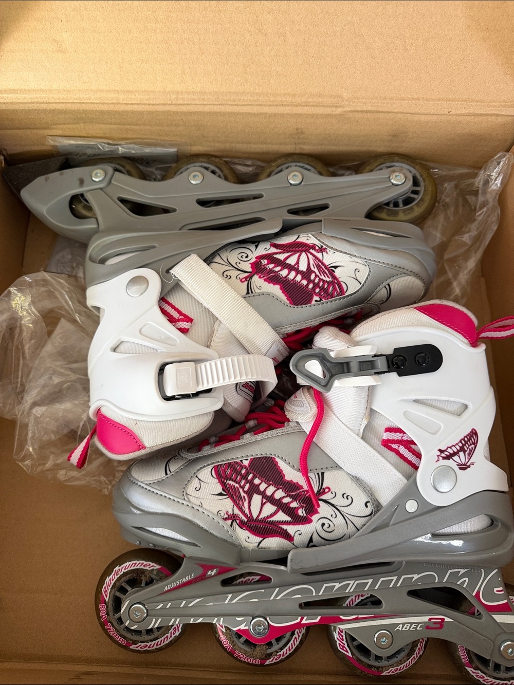 Kids Inline Skates - White & Pink Butterfly Design